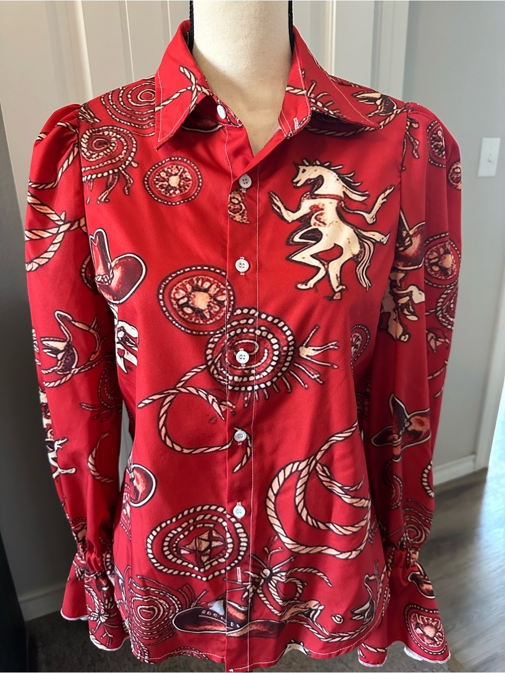 Red Western Motif Button-Up Blouse